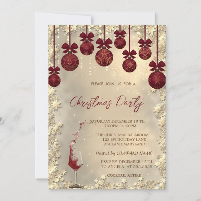 Invitación Navidades: Bolas rojas, Fiesta de la Compañía de V (Anverso)