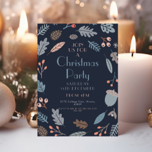 Invitación Navidades botánicos azules oscuros Fiesta deja maí
