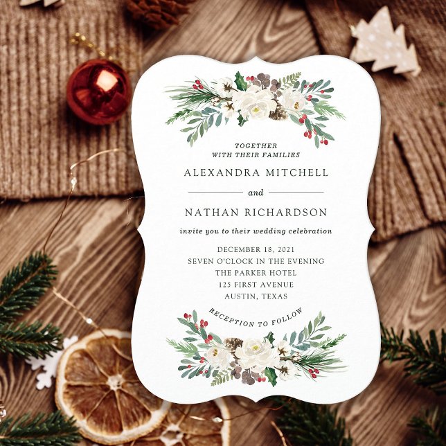 Invitación Navidades botánicos | Boda de vacaciones florales (An elegant, classic holiday wedding invitation for your Christmas season wedding)