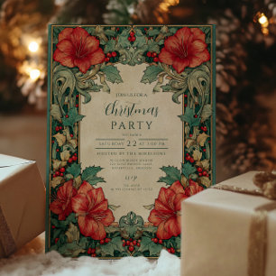 Invitación Navidades botánicos de Amaryllis Rojo Vintage