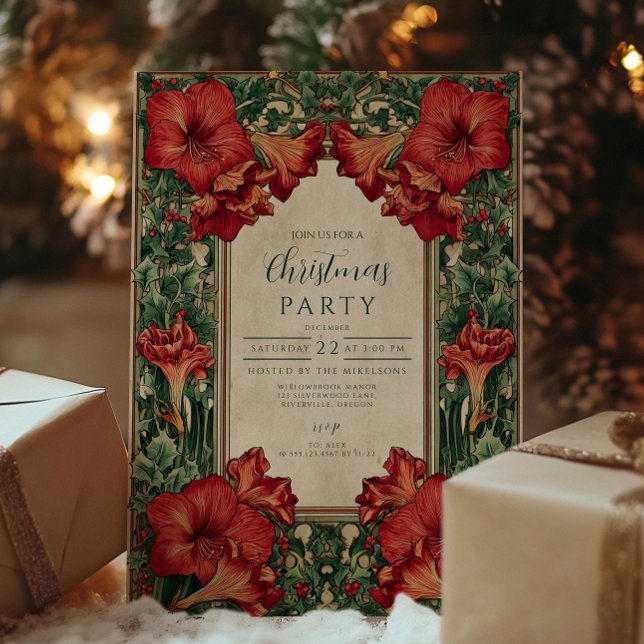 Invitación Navidades botánicos de Amaryllis Rojo Vintage (Subido por el creador)