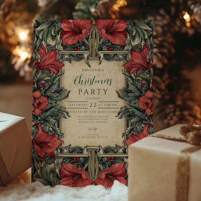 Invitación Navidades botánicos de Amaryllis Rojo Vintage (Subido por el creador)