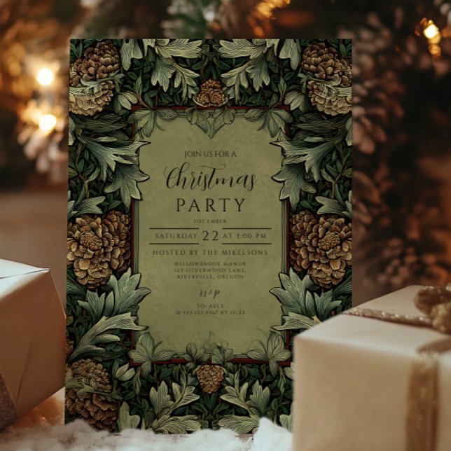 Invitación Navidades botánicos de Pinecone verde de época (Subido por el creador)