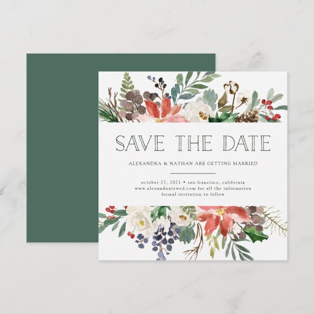 Invitación Navidades botánicos | Fiesta floral Guardar fecha (Anverso / Reverso)