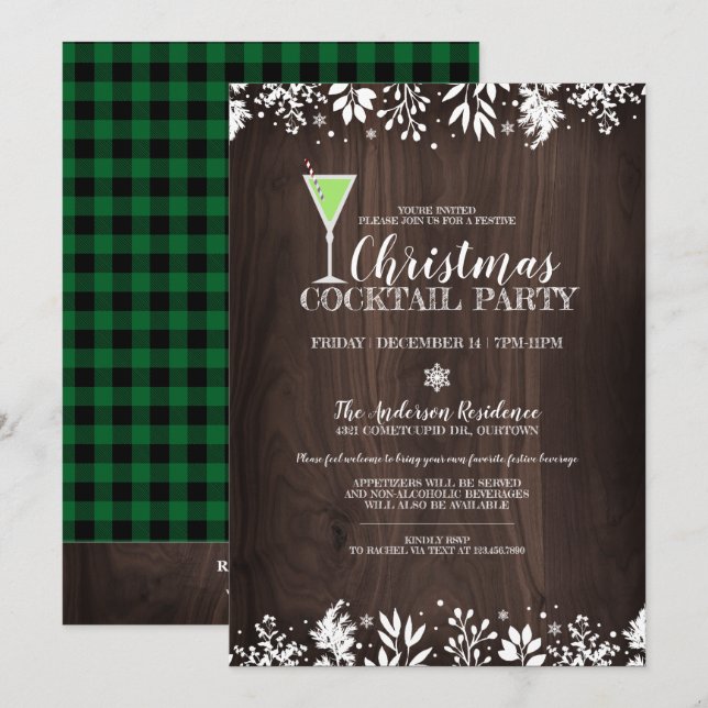 Invitación Navidades botánicos rústicos Fiesta de cócteles (Anverso / Reverso)