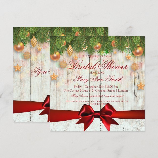 Invitación Navidades Bridal Shower Gold Deco & Ribbon (Anverso / Reverso)