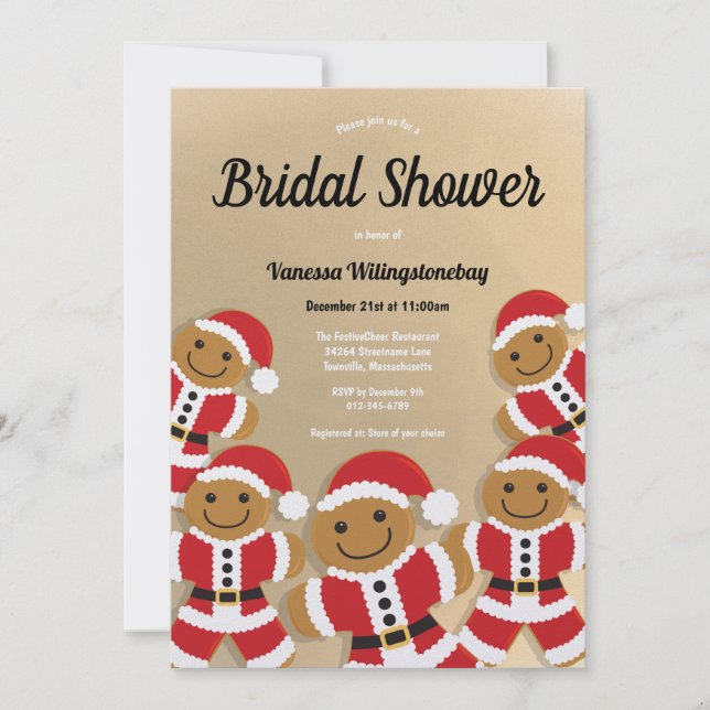 Invitación Navidades Bridal Shower Gold Gingerbread Santa (Anverso)