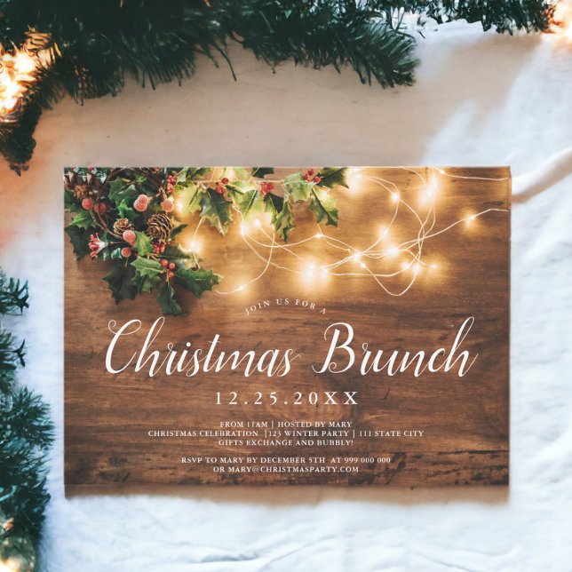 Invitación Navidades brunch con luces de campo marrón de made (Rustic wood brown country lights Christmas brunch Invitation)