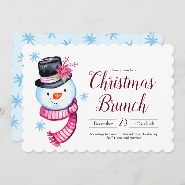 Invitación Navidades Brunch Cute Watercolor Snowman Script (Anverso / Reverso)