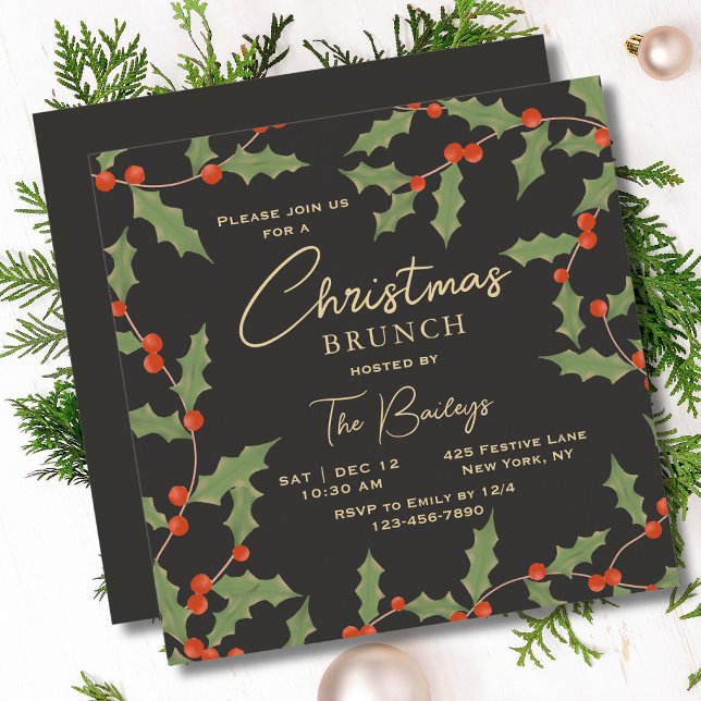 Invitación Navidades Brunch Elegant Modern Holly Floral (Subido por el creador)