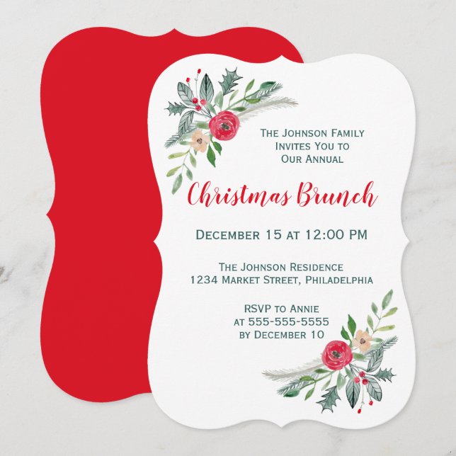 Invitación Navidades Brunch Evento Winter Florals & Holly (Anverso / Reverso)