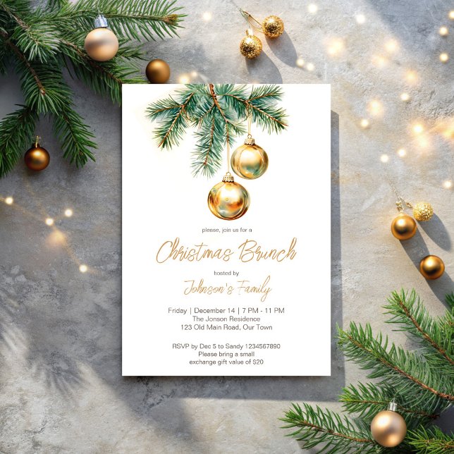 Invitación Navidades brunch gold baubles pinos (Christmas brunch party invitation cards gold baubles pines simple modern Christmas invitation)
