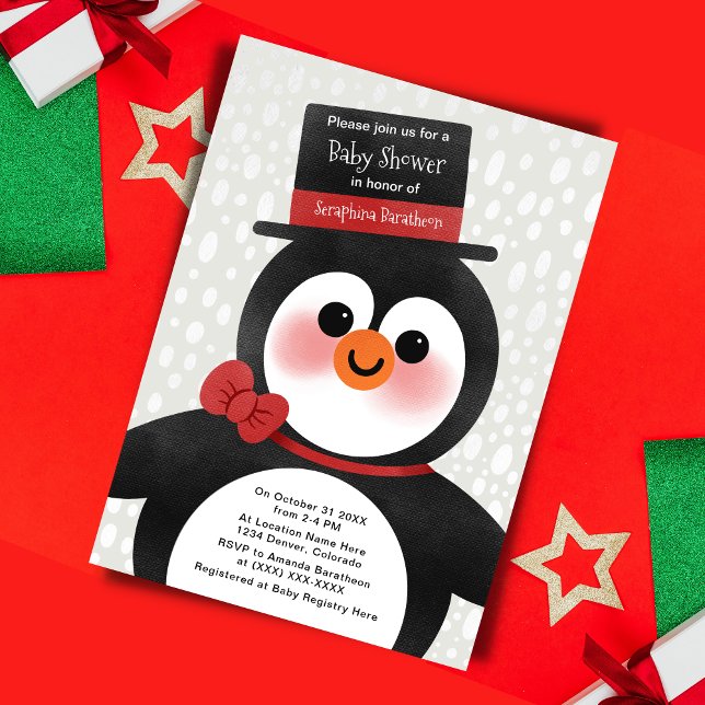 Invitación Navidades burdos Tuxedo Penguin Baby Shower (Subido por el creador)