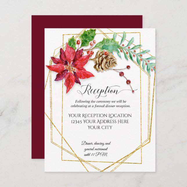 Invitación Navidades Burgundy Floral Gold Boda Geométrico (Anverso / Reverso)
