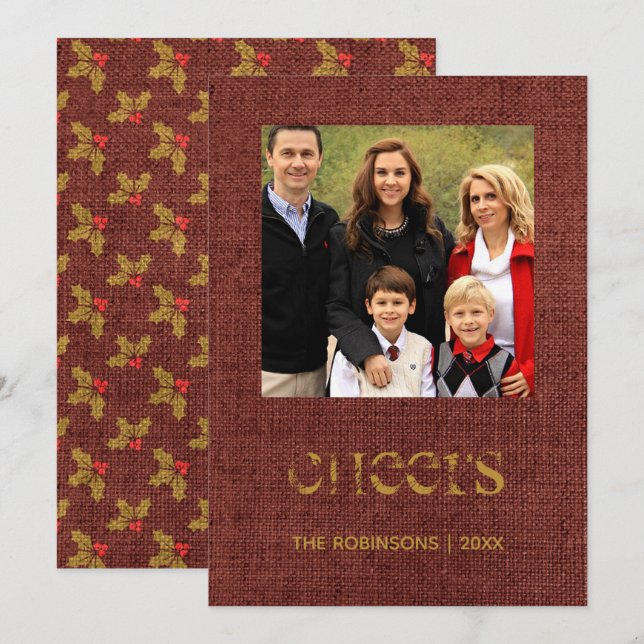 Invitación Navidades Burlap Holly y Ivy Family Photo (Anverso / Reverso)