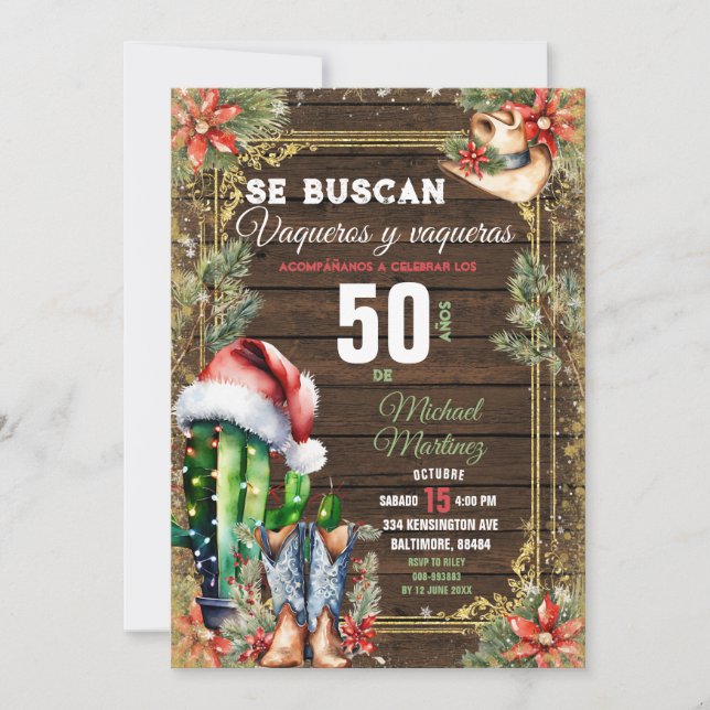 Invitación Navidades Cactus Español 50 Años Vaquero Cumpleaño (Anverso)