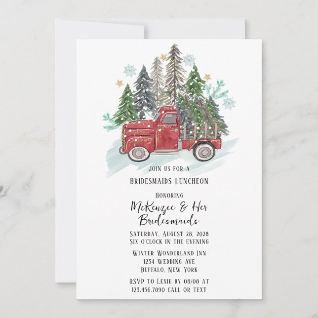 Invitación Navidades Camión Rojo Vintage Bridesmaids Luncheon (Anverso)