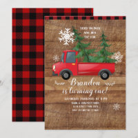 Navidades Camión Wood Red Plaid Birthday Invitació