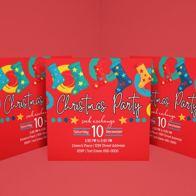 Invitación Navidades caprichosos chocan con Fiesta de interca (Festive Red Christmas Sock Exchange Holiday party invite with blue, green, yellow and customizable. )