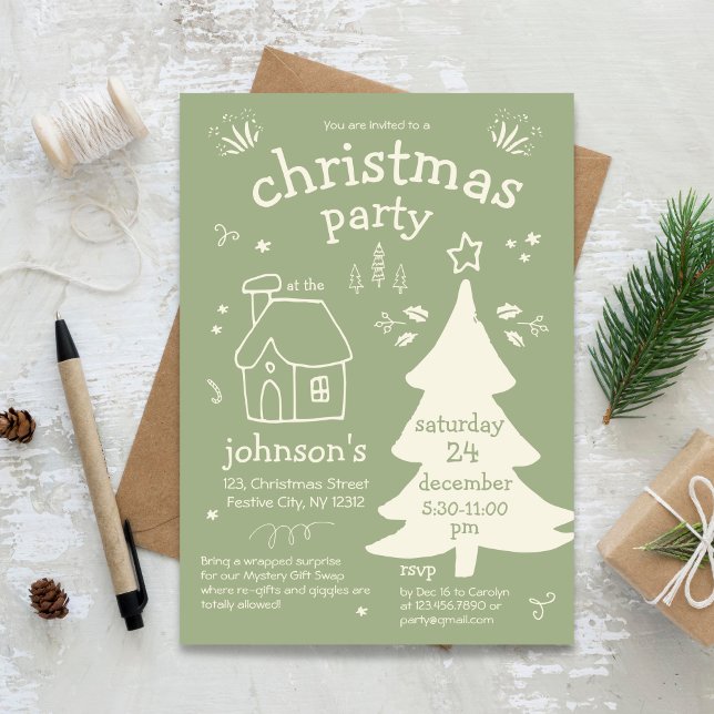 Invitación Navidades caprichosos Fiesta con árbol y cabaña (Whimsical Christmas Party with Tree and Cottage Invitation)