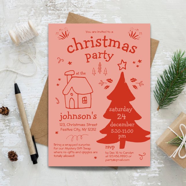 Invitación Navidades caprichosos Fiesta con árbol y cabaña (Whimsical Christmas Party with Tree and Cottage Invitation)
