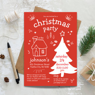 Invitación Navidades caprichosos Fiesta con árbol y cabaña ad