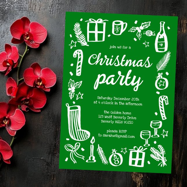 Invitación Navidades caprichosos Personalizado de fiesta navi (Whimsical Doodle Christmas Holiday Party Cute Custom Invitation Green White
)