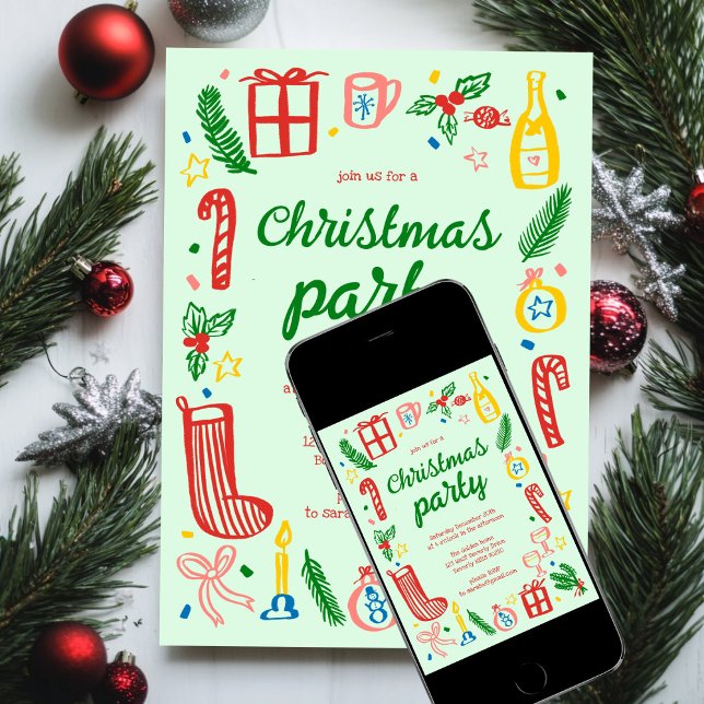 Invitación Navidades caprichosos Personalizado de fiesta navi (Whimsical Christmas Holiday Party Cute Custom Invitation
Digital Download evite)