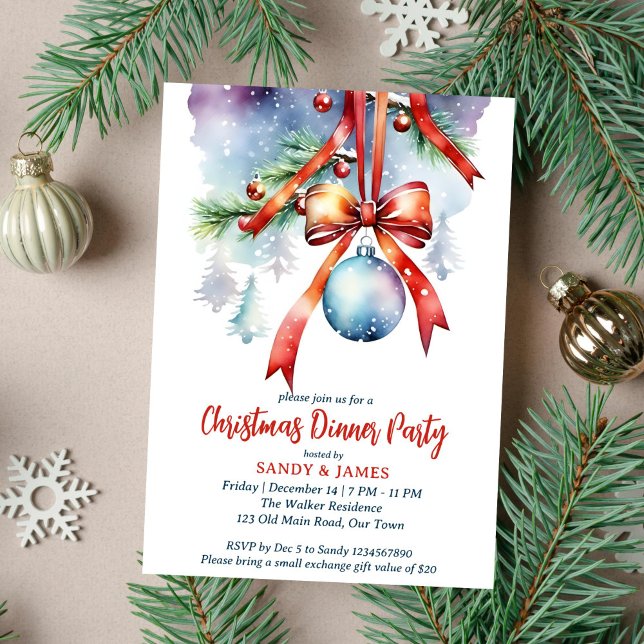 Invitación Navidades cena fiesta acuarela tradicional (Christmas dinner party template invitation instant download traditional watercolor pines red baubles)