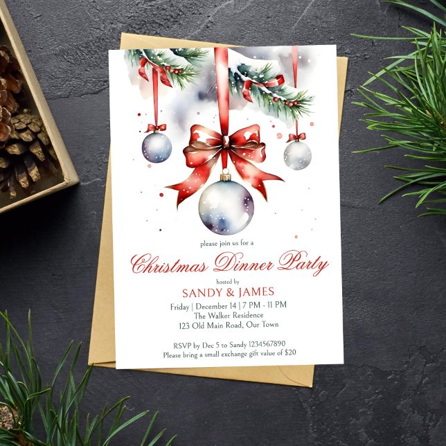 Invitación Navidades cena fiesta acuarela tradicional (Christmas dinner party template invitation instant download traditional red ribbon snowy pines)