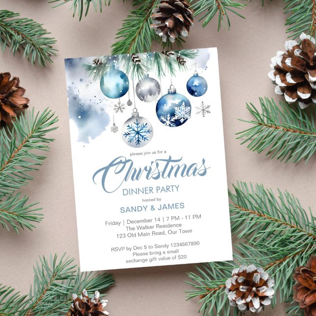 Invitación Navidades cena fiesta baubles azul plateado (Christmas dinner elegant silver blue baubles snowflakes dinner party invitation template digital)