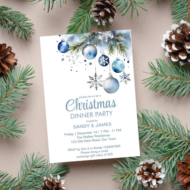 Invitación Navidades cena fiesta baubles azul plateado (Christmas dinner party template invitation digital download silver blue baubles snowflake watercolor)