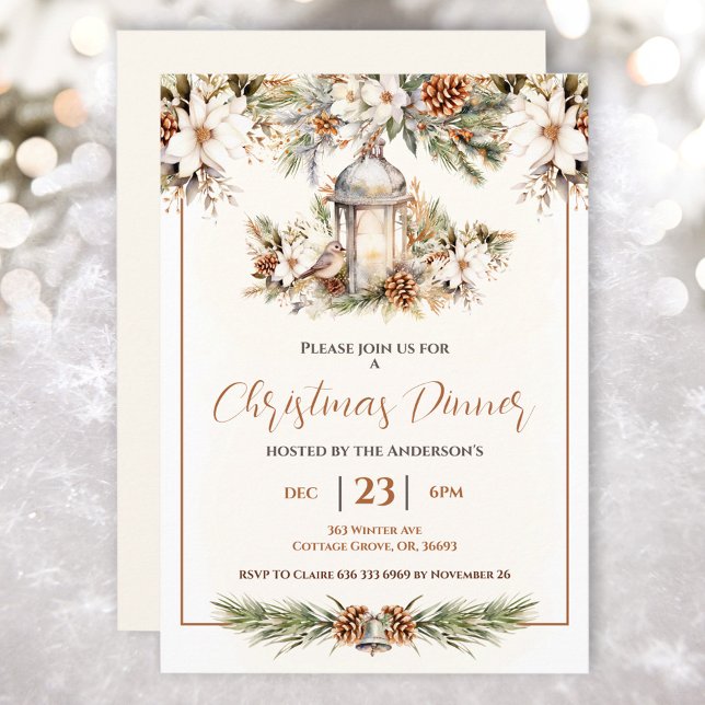 Invitación Navidades Cena Fiesta Blanco y Crema Elegante (Christmas Dinner Pine White and Cream Elegant Invitation)