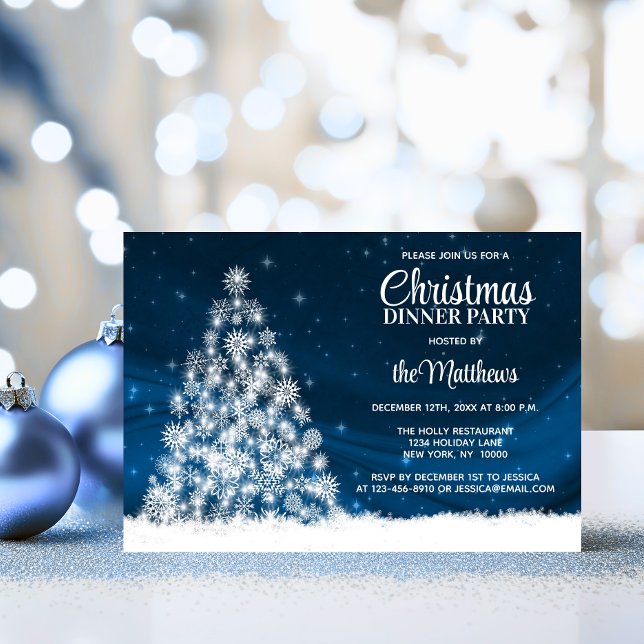 Invitación NAVIDADES CENA FIESTA Blue White Lights Tree (CHRISTMAS DINNER PARTY Blue White Lights Tree Invitation)