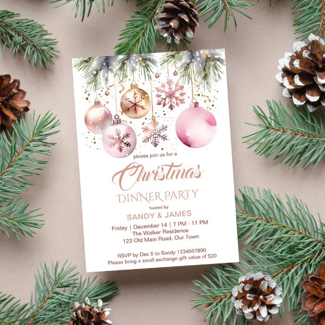 Invitación Navidades cena fiesta boho acuarela metálica (Boho Christmas party template invitation instant download metallic rose gold baubles snowflakes pine)