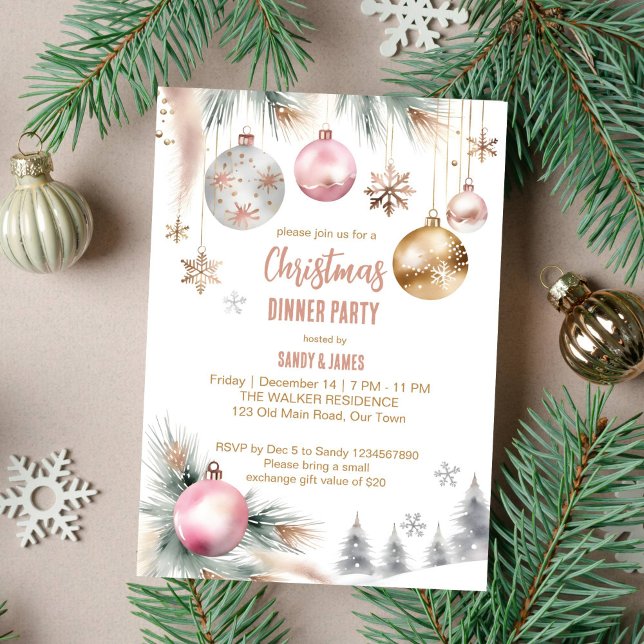 Invitación Navidades cena fiesta boho acuarela metálica (Boho Christmas dinner party template invitation metallic rose gold silver snowy pines modern waterco)