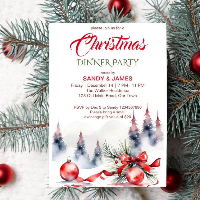 Invitación Navidades cena fiesta clásicas baudias rojas cinta (Classical Christmas dinner party template invitation instant download red baubles ribbon snowy pines)