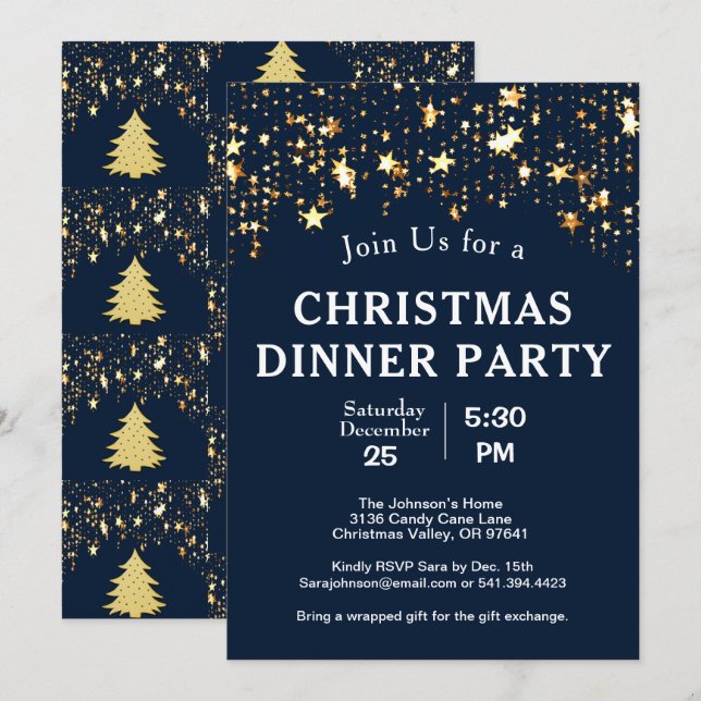 Invitación Navidades Cena Fiesta Oro Estrellas Árboles Azul p (Anverso / Reverso)
