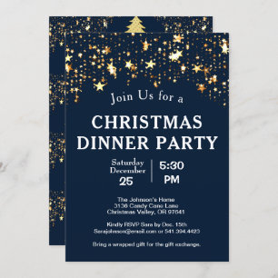 Invitación Navidades Cena Fiesta Oro Estrellas Árboles Azul p