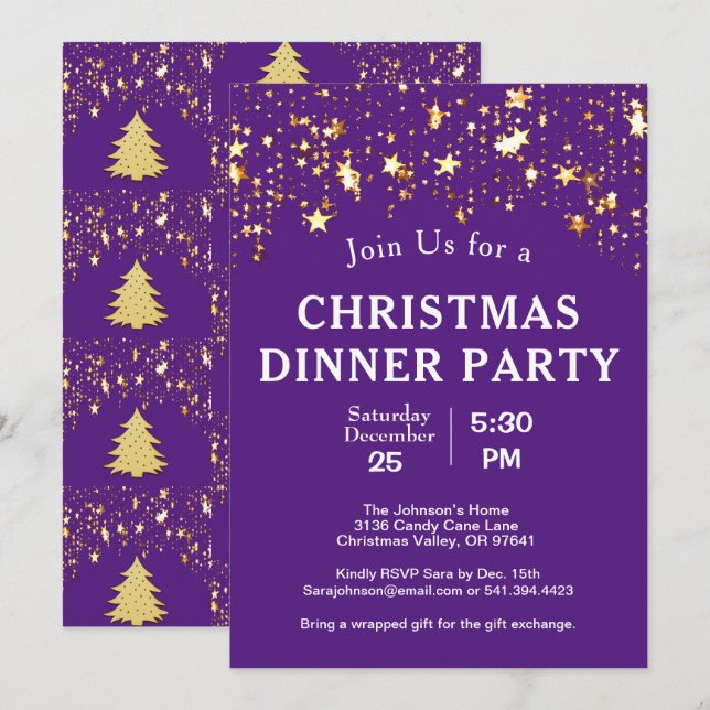 Invitación Navidades Cena Fiesta Oro Estrellas Árboles Morado (Anverso / Reverso)