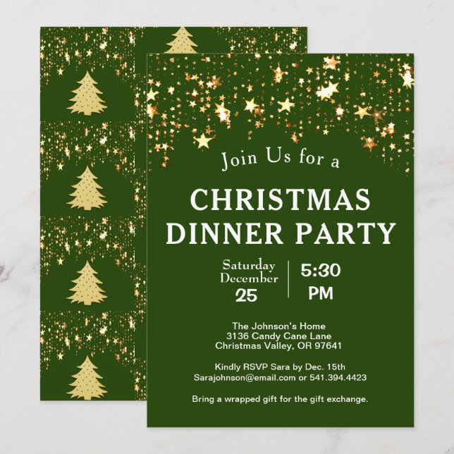 Invitación Navidades Cena Fiesta Oro Estrellas Árboles Verde (Anverso / Reverso)