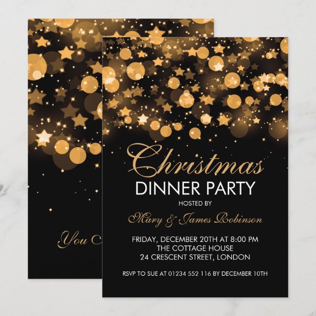 Invitación Navidades Cena Fiesta Oro Estrellas parkling (Anverso / Reverso)