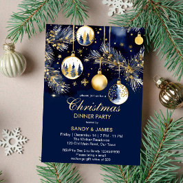 Invitación Navidades cena fiesta oro y azules azul marino