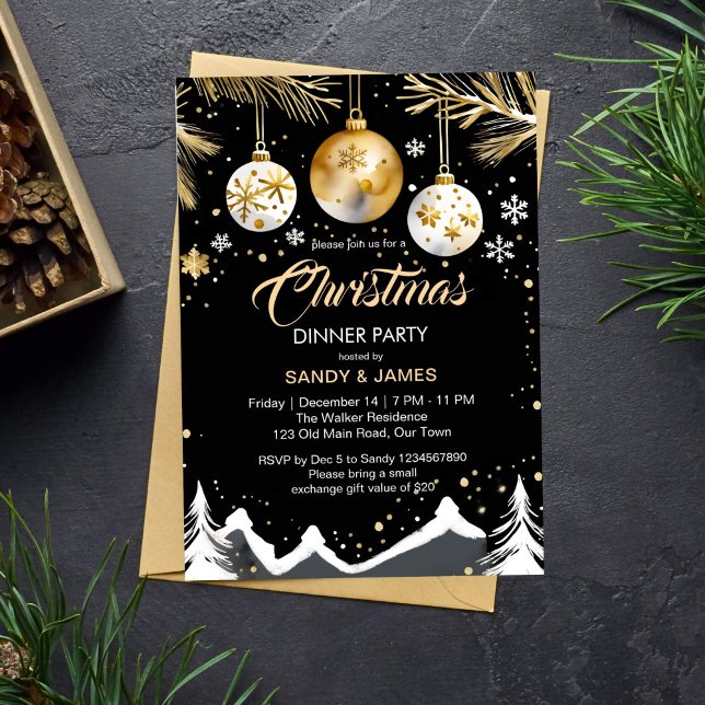 Invitación Navidades cena fiesta oro y rublos negros (Christmas dinner party chic elegant template invitation gold and black Christmas invitation)