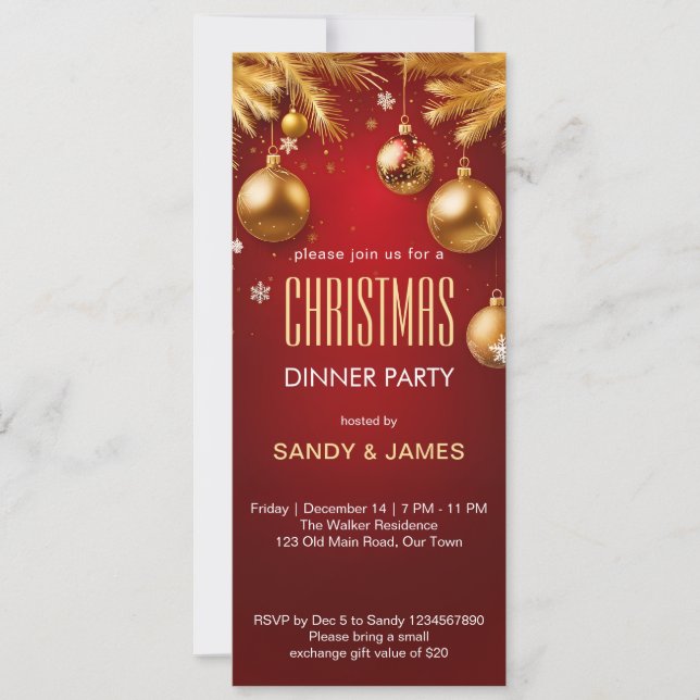 Invitación Navidades cena fiesta oro y rublos rojos (Anverso)