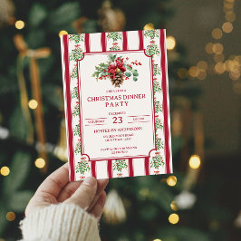 Invitación Navidades cena fiesta rayas retro rojas arco de pi