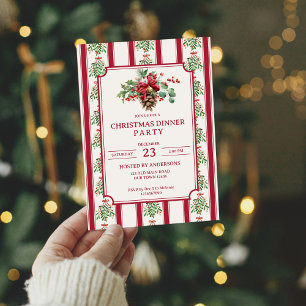 Invitación Navidades cena fiesta rayas retro rojas arco de pi