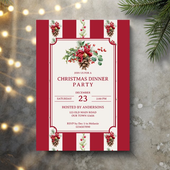 Invitación Navidades cena fiesta rayas retro rojas arco de pi (Christmas dinner party red retro stripes pine cone bow winter greenery elegant party invitation card)