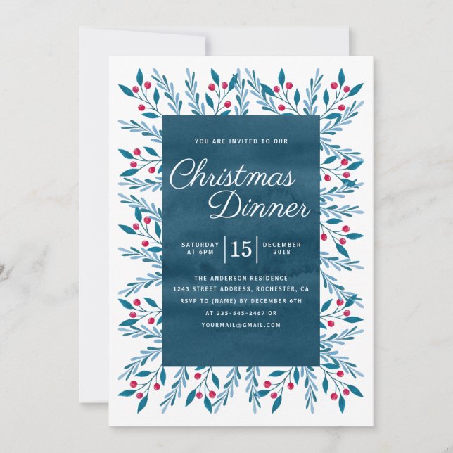 Invitación Navidades Cena Floral de color azul (Anverso)