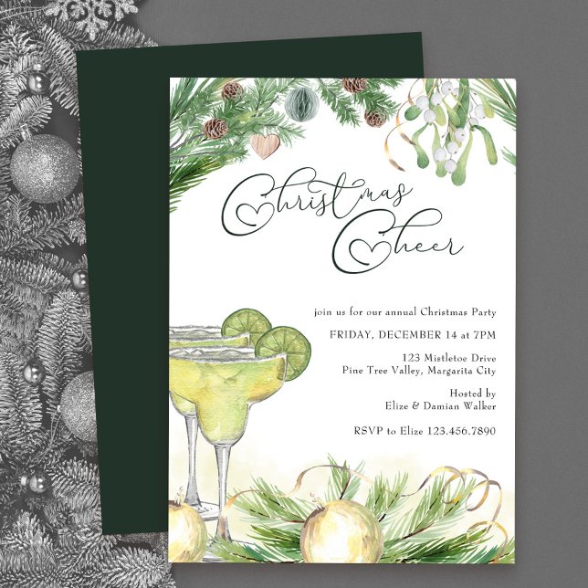 Invitación Navidades Cheer Margaritas y Fiesta Mistletoe (Christmas Party Invitation with Christmas Cheer, Margaritas and Mistletoe)